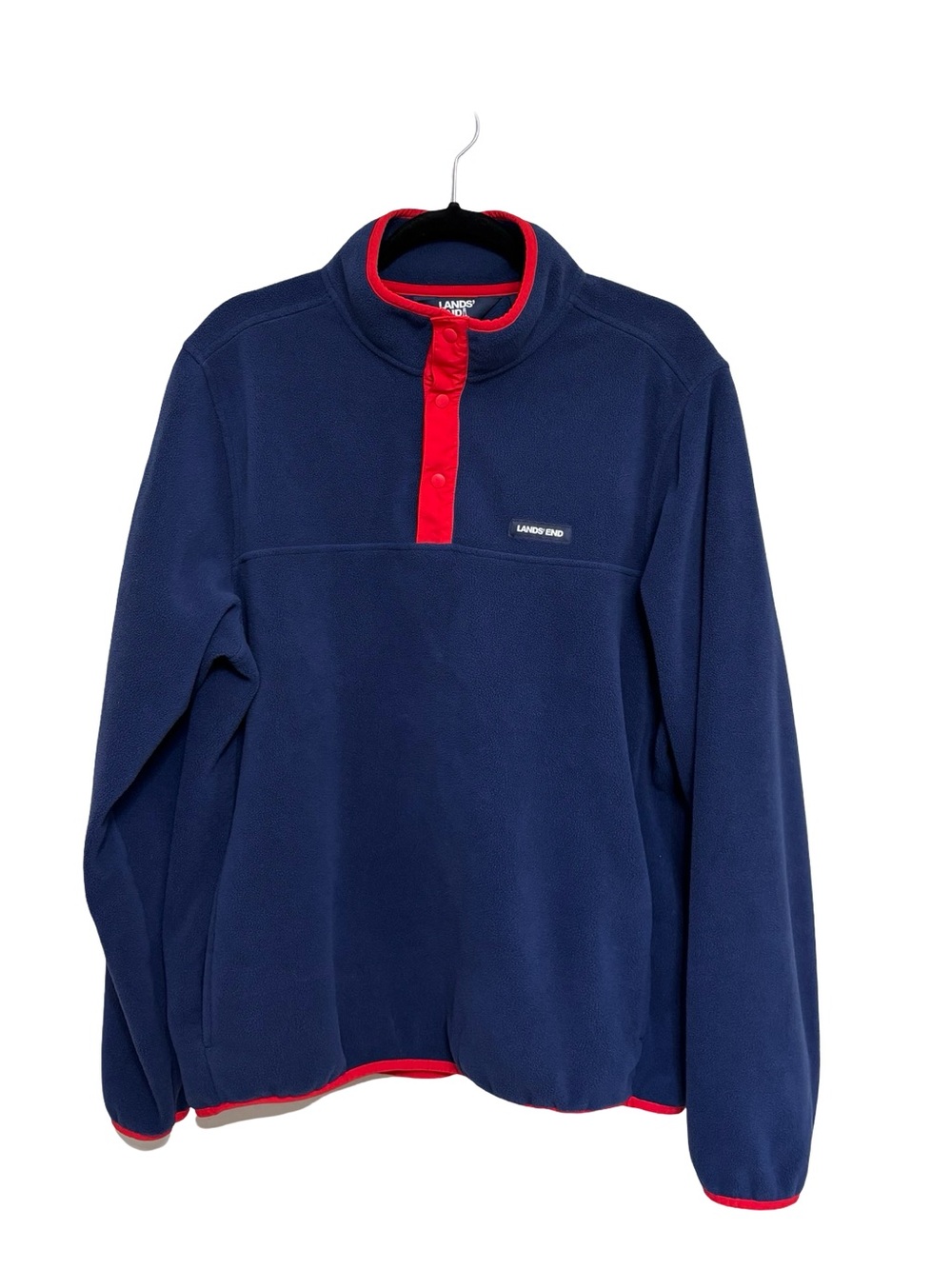 Lands End Men’s T-Snap Fleece Pullover in Navy Blue with Red Trim - Size L - Picture 1 of 8